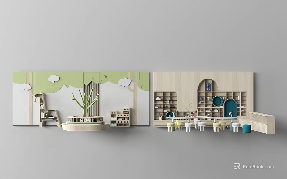 Children's Playroom Background Wall With Green Wooden Design Cloud Decorations Shelves Small Tables And Chairs 3d model 