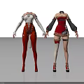 Two Different Character Costume Styles With White Top Red Pants And Red Dress Details