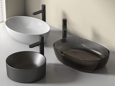 Three Modern Washbasins White Black Dark Gray Oval Round with Black Faucets on Light Countertop 3d model