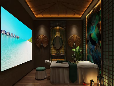 Tranquil SPA Sauna Room With Large Ocean View Screen Massage Bed And Bamboo Decor 3d model