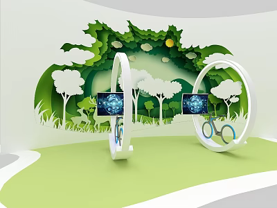 Bicycle Display In White Circular Frames With Blue Screens Paper Art Trees Green Background 3d model