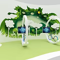Bicycle Display In White Circular Frames With Blue Screens Paper Art Trees Green Background