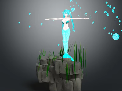 3D Mermaid Character Standing On Rock With Green Seaweed And Blue Bubbles 3d model