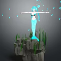 3D Mermaid Character Standing On Rock With Green Seaweed And Blue Bubbles