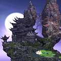 Ancient Temple on Floating Rocks with Full Moon and Lotus in Purple Night Sky