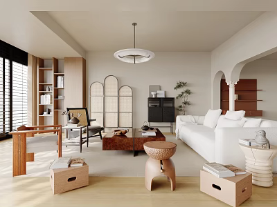 Modern Living Room Interior Design With White Sofa Wooden Coffee Table And Arched Divider 3d model
