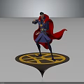 Wizard Character In Blue Outfit With Red Cape Standing On Circular Platform With Yellow Patterns