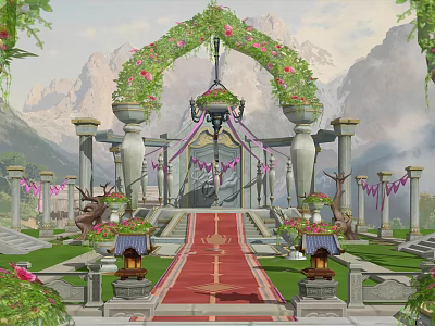 Enchanting Garden Landscape with Flower Arch Stone Columns Red Carpet Lanterns and Mountain View 3d model