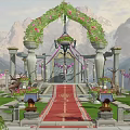 Enchanting Garden Landscape with Flower Arch Stone Columns Red Carpet Lanterns and Mountain View