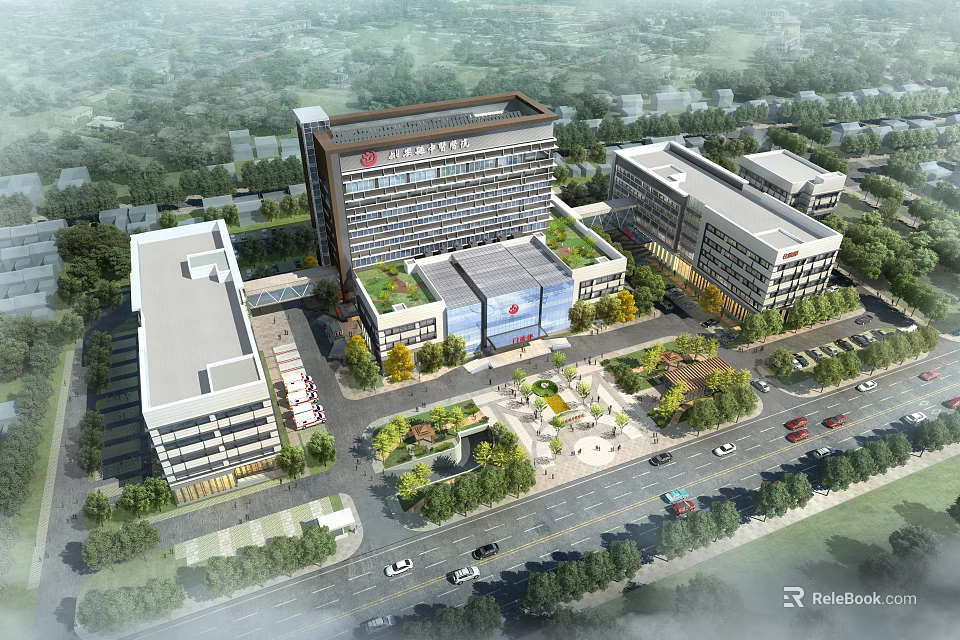 Birds Eye View Plan of Modern Building Complex With Green Spaces Roads and Parking Areas 3d model 