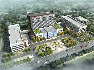 Birds Eye View Plan of Modern Building Complex With Green Spaces Roads and Parking Areas 3d model