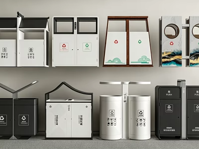 Public Waste Bins With Diverse Designs Colors And Sorting Features For Urban Areas 3d model