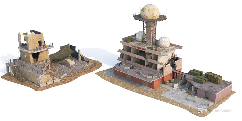 Damaged Building Structures With Tower Domed Elements Multi Level Framework And Surrounding Debris Green Containers 3d model