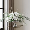 Elegant Silver Vase With White Roses Tulips Hydrangeas And Green Foliage On Glass Table