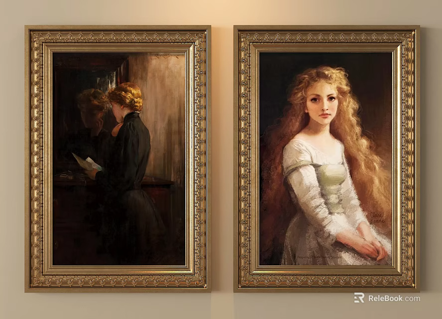 Traditional Oil Paintings In Golden Frames Showing Woman Reading And Long Haired Lady 3d model 