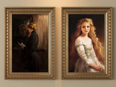 Traditional Oil Paintings In Golden Frames Showing Woman Reading And Long Haired Lady 3d model