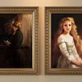 Traditional Oil Paintings In Golden Frames Showing Woman Reading And Long Haired Lady
