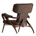 Brown Leather Leisure Chair With Curved Wooden Arms And Retro Design