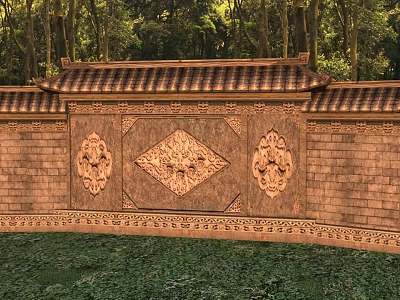 Ancient Architectural Wall with Traditional Roof and Intricate Carvings Surrounded by Green Woods and Grass 3d model