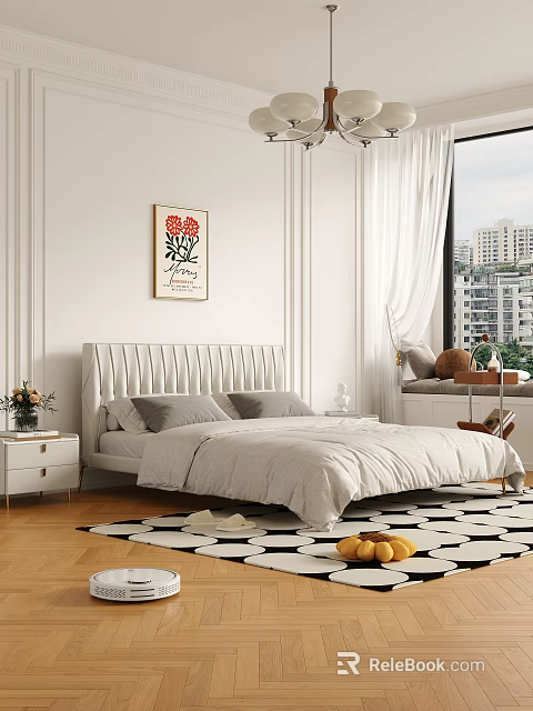 Modern Bedroom Interior With Striped Headboard Floral Wall Art White Curtains Nightstand And Geometric Rug 3d model 