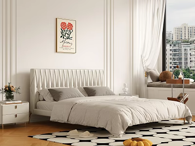 Modern Bedroom Interior With Striped Headboard Floral Wall Art White Curtains Nightstand And Geometric Rug 3d model