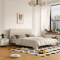 Modern Bedroom Interior With Striped Headboard Floral Wall Art White Curtains Nightstand And Geometric Rug