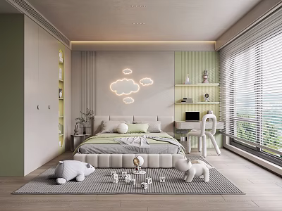Cozy Children's Room Interior With Green Walls Cloud Lights Gray Bed Desk White Stuffed Toys 3d model