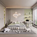 Cozy Children's Room Interior With Green Walls Cloud Lights Gray Bed Desk White Stuffed Toys