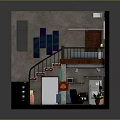 Cartoon Scenario of a Cozy Duplex Room with Stairs Bed Sofa TV and Wooden Floor