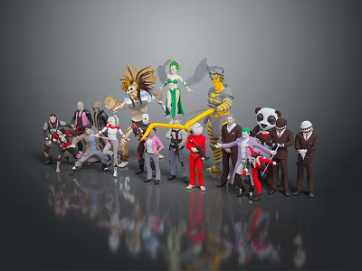 Group Of Diverse Characters And Creatures With Panda Lion And Humanoid Figures 3d model