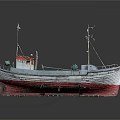 White and Red Fishing Boat with Masts and Cabin for Water Transport