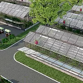 Scenic Garden Landscape With Greenhouses Paths Lawns Trees Produce Stalls And People Walking