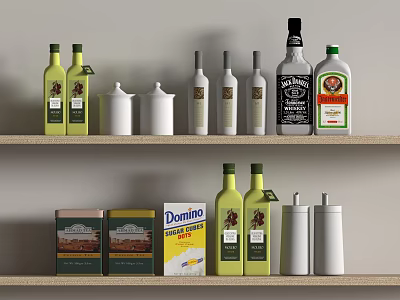 Organized Kitchen Condiment Bottles And Spice Containers On Wooden Shelves 3d model