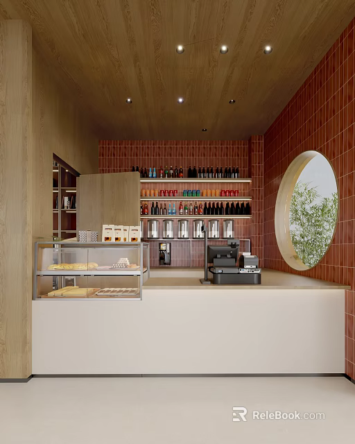 Cozy Café Interior With Red Brick Walls Circular Window Display Case And Coffee Machine 3d model