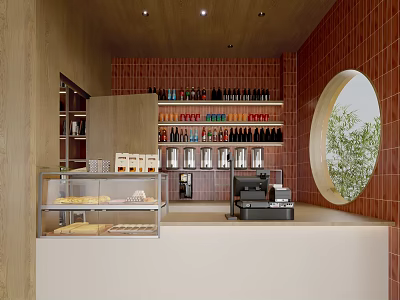 Cozy Café Interior With Red Brick Walls Circular Window Display Case And Coffee Machine 3d model