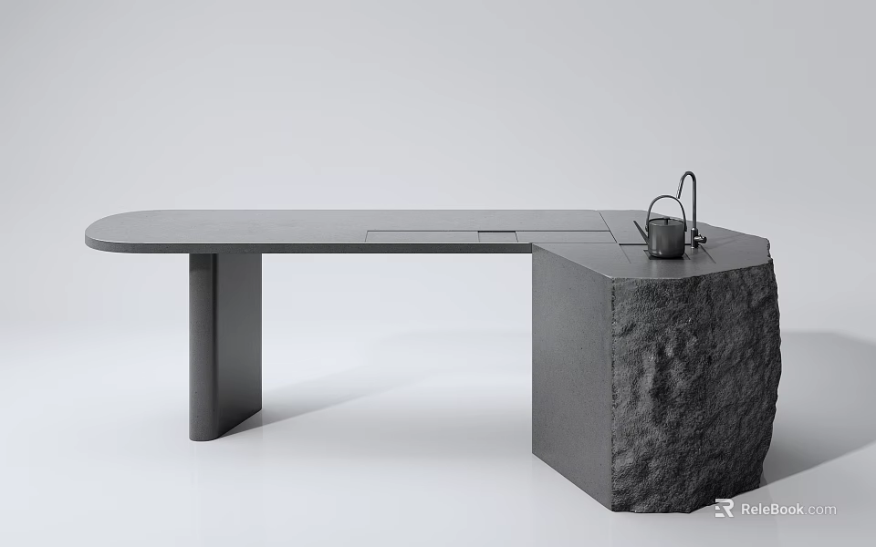 Modern Tea Table and Chairs with Stone Tabletop and Concrete Base Kettle Design 3d model 