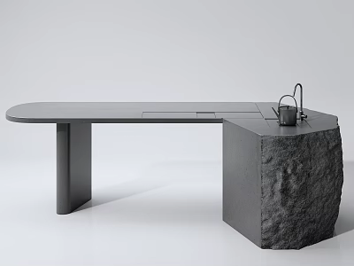Modern Tea Table and Chairs with Stone Tabletop and Concrete Base Kettle Design 3d model