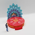 Red Stage Platform With Turquoise Peacock Feather Backdrop And Golden Ornamental Patterns 3d model