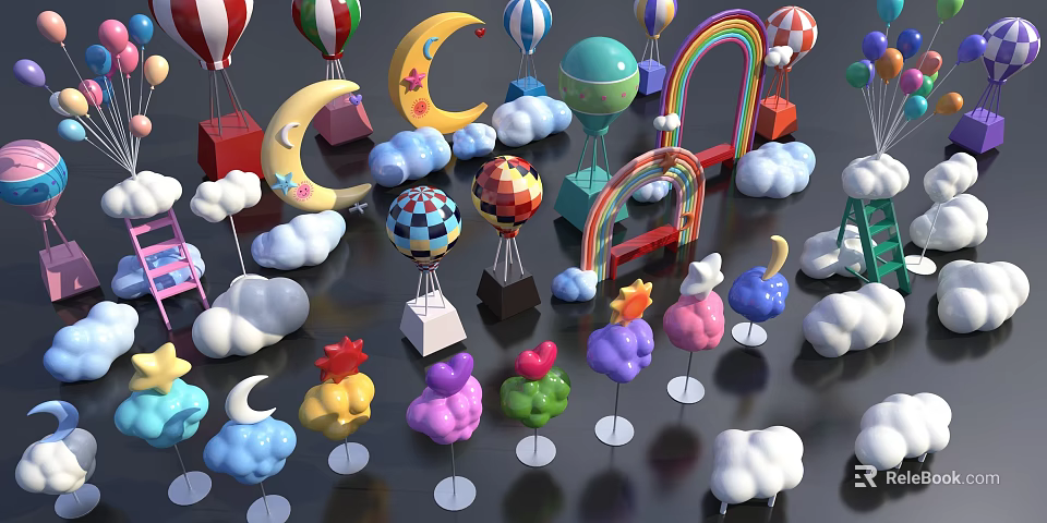 Colorful Cartoon Decorative Items With Balloons Moon Clouds Rainbow And Stars 3d model 
