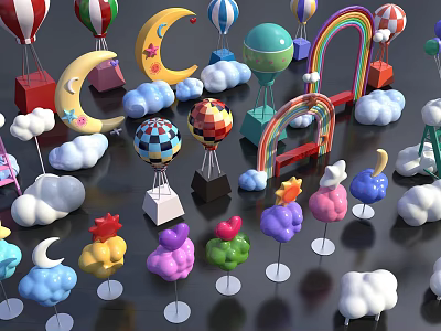 Colorful Cartoon Decorative Items With Balloons Moon Clouds Rainbow And Stars 3d model