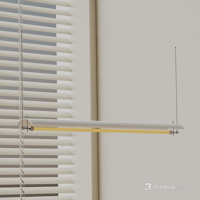 Modern Linear Chandelier With Yellow Light Hanging By Window Blinds On White Wall 3d model 