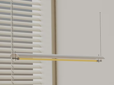 Modern Linear Chandelier With Yellow Light Hanging By Window Blinds On White Wall 3d model