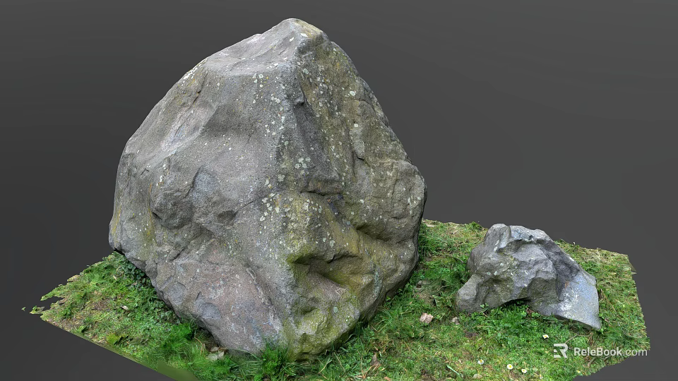 Large And Small Natural Stones With Wooden Accents On Green Grass Surface 3d model 