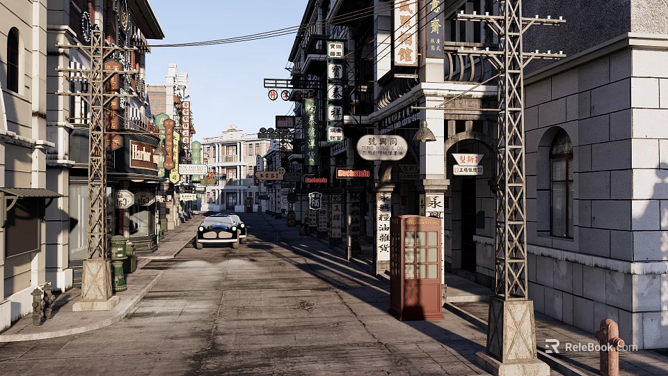 Vintage Storefronts On Historic Street With Traditional Signboards And Old Architecture 3d model 