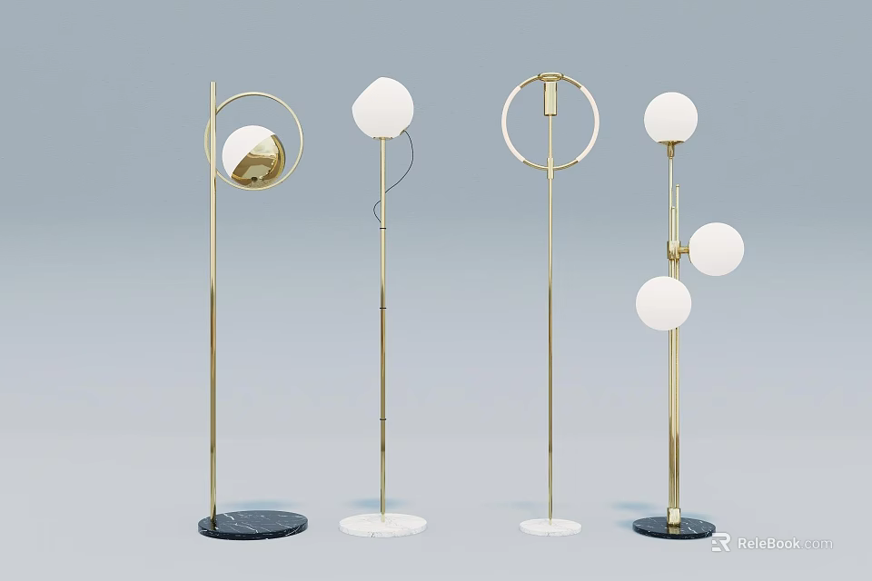 Modern Floor Lamps With Golden Metal Stands Spherical Heads And Circular Elements 3d model 