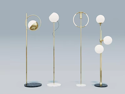 Modern Floor Lamps With Golden Metal Stands Spherical Heads And Circular Elements 3d model
