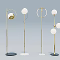 Modern Floor Lamps With Golden Metal Stands Spherical Heads And Circular Elements