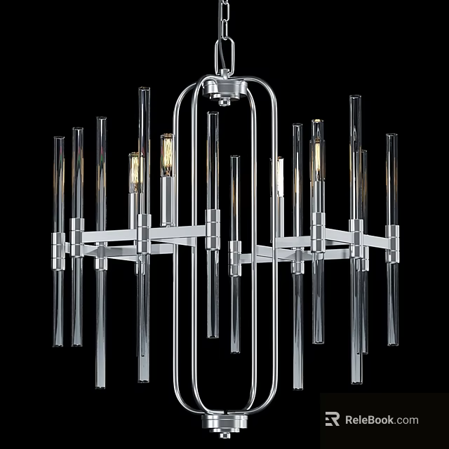 Modern Chrome Chandelier With Geometric Metal Frame And Transparent Glass Tubes 3d model 