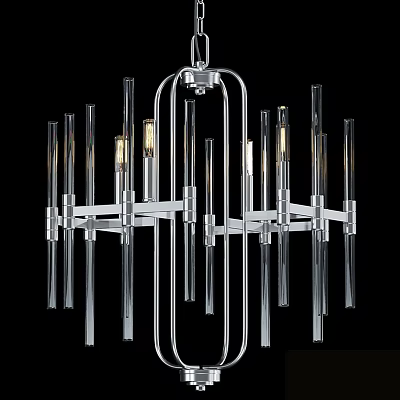 Modern Chrome Chandelier With Geometric Metal Frame And Transparent Glass Tubes 3d model