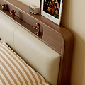 Modern Bedroom Double Bed with Wooden Headboard Beige Bedding Nightstand Green Plant and Wall Art